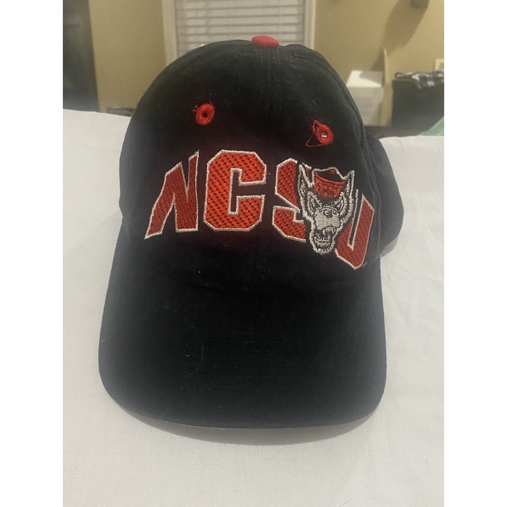 NCSU Black Cap With Red Writing And Wolf